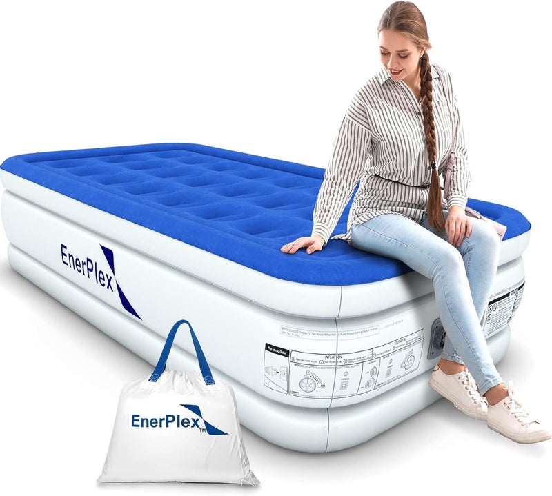 EnerPlex Twin Air Mattress with Built-in Pump - 16 Inch Double Height Inflatable Mattress for Camping, Home & Portable Travel - Durable Blow Up Bed with Dual Pump - Easy to Inflate/Quick Set Upï»¿ - Image 1